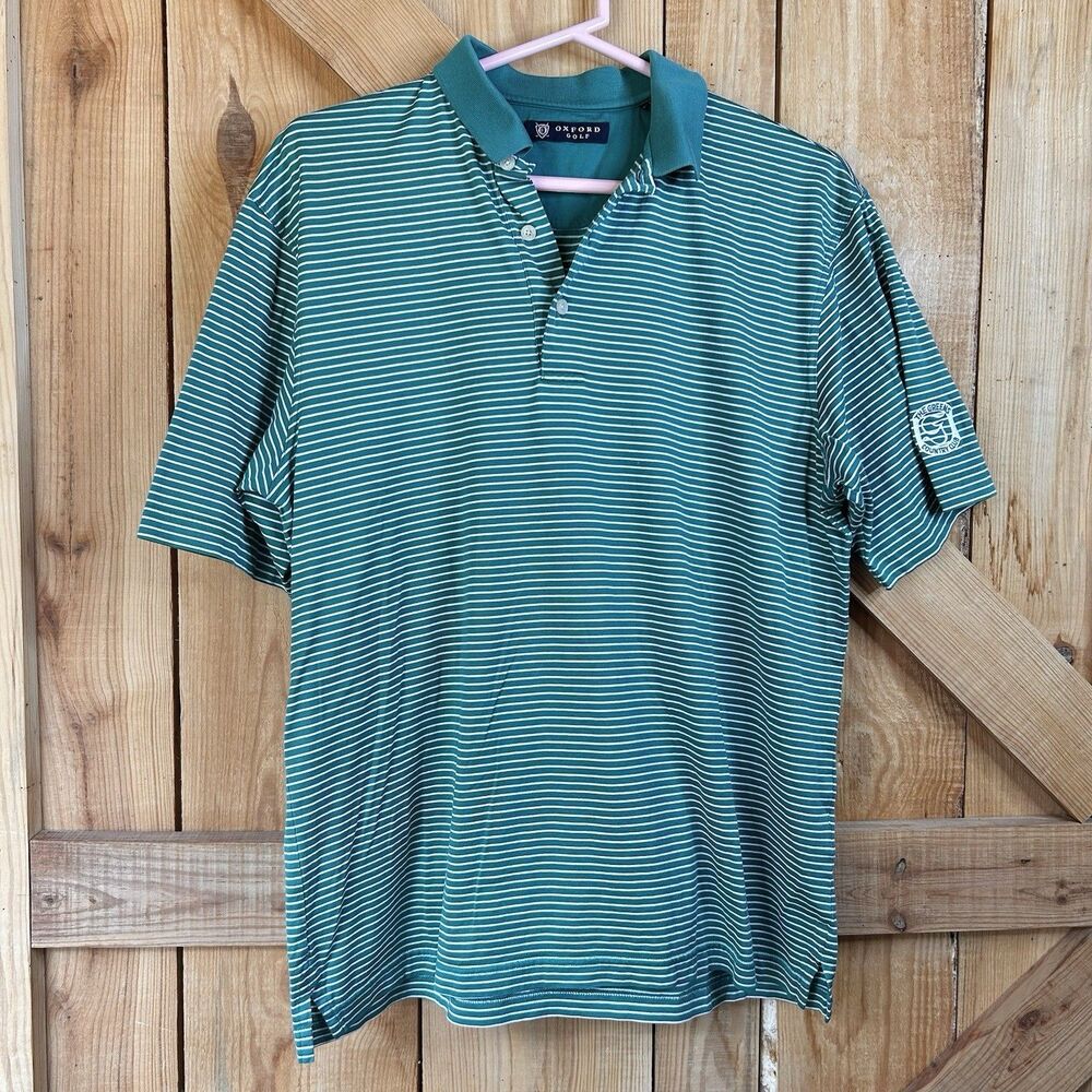 100% Cotton Polo Oxford Golf Short Sleeve Shirt Green & White Stripe Size: M